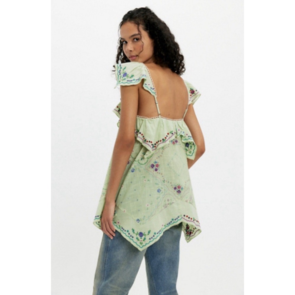 Free People Hanky Embroidered Tunic XL Green Floral Boho Top NWT